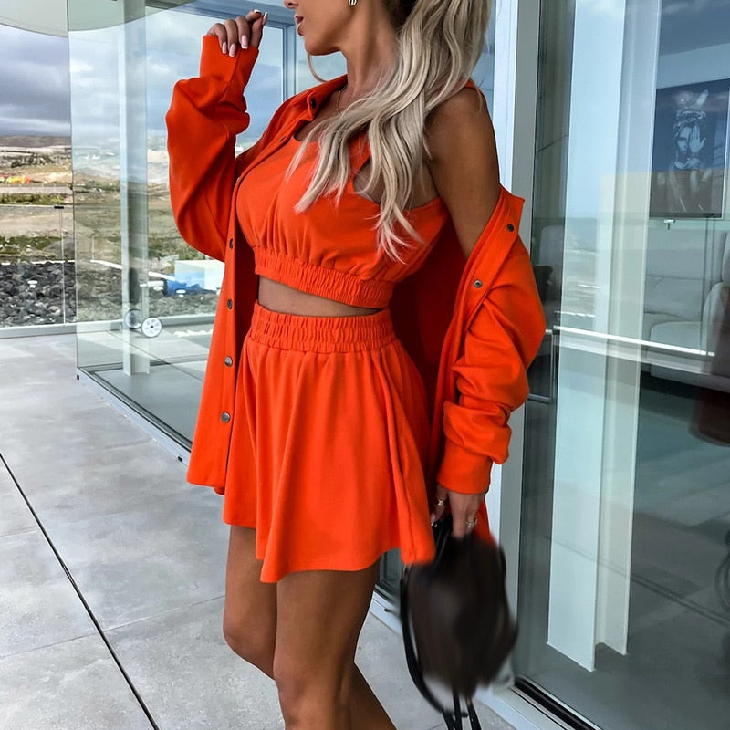 Spring Loose Women Shorts Suit Female Solid Coat + Vest +Pocket Shorts Outfits New Casual Streetwear Sweatshirt Three-Piece Set