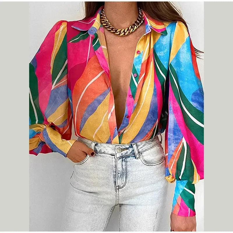 Women&#39;s Floral Print Puff Sleeve Shirt Female Elegant Casual V Neck Shirts 2023 Spring Summer Ladies Tops Blouses Vintage Blouse