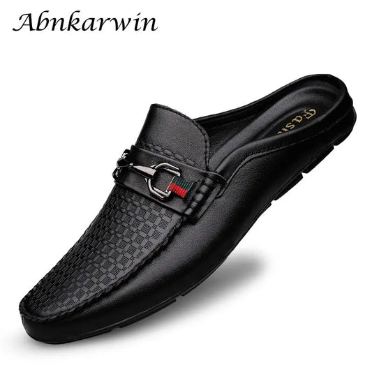 Luxury Shoes Brand Designer Summer Genuine Leather Casual Slip On Half Shoes For Men Loafers Flats Slippers For Narrow Thin Foot