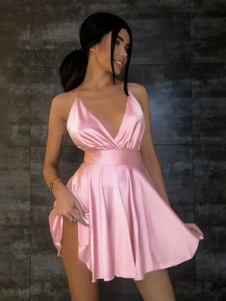 Cryptographic Satin Sexy Backless Sleeveless Party Night Club Wrap Mini Dresses Spaghetti Straps Elegant Dress Solid Vestidos
