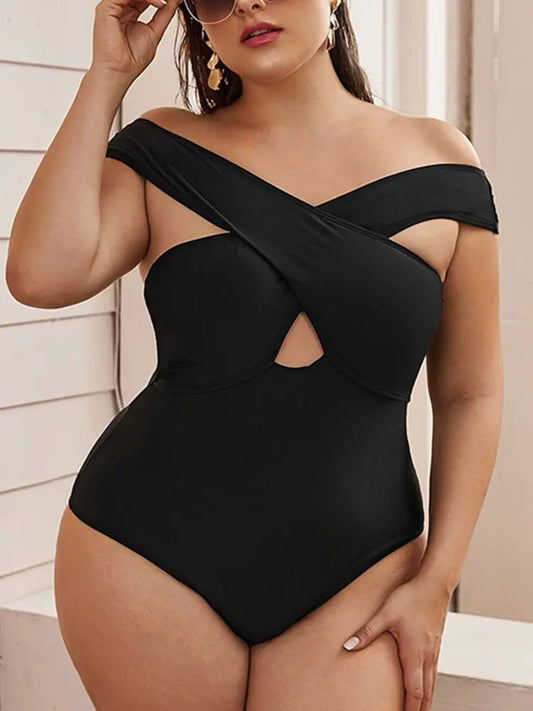 Solid Black Off Shoulder Plus Size Swimsuit Women 2022 Wrap Push Up Swimwear Bathing Suit Tummy Control Large Size Monokini 4XL