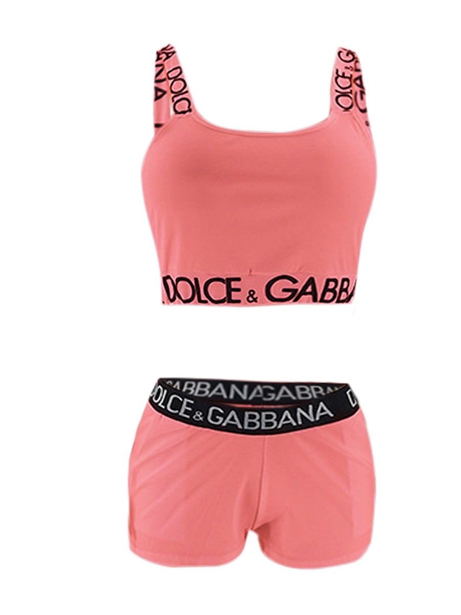 LW Sexy Matching 2pcs Outfits Cami Letter Print Shorts Set Sleeveless U Neck Vests Crop Top&Elastic Waist Skinny Short Pants