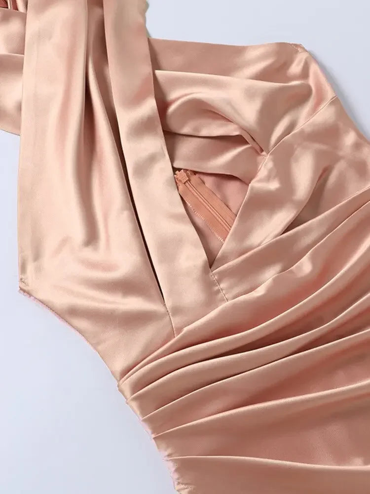 Kesiachiccly Slim Bodycon Dress Women Ruched Hollow out Halter Neck Zipper Backless Solid Midi Sexy Party Dresses Robe Femme