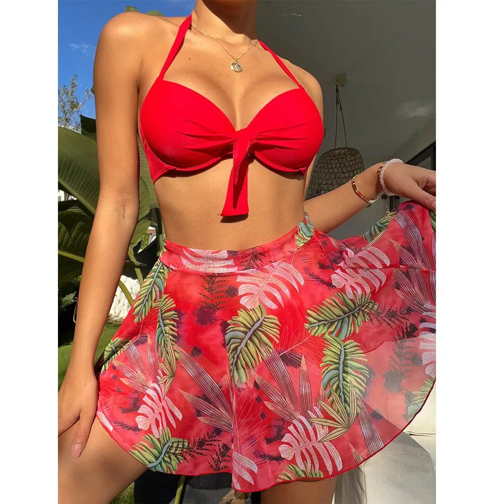 Riseado Bikini 3 Piece Swimsuit Push Up Swimwear with Skirt Women Bathing Suit Floral Print Beachwear Summer Swim Suit for Women