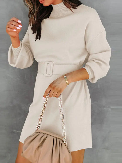 Piednoir Women&#39;s Turtleneck Sweater Dress With Belt Autumn Casual Long Lantern Sleeve Knit Bodycon Knit Oversized Pullover Dress