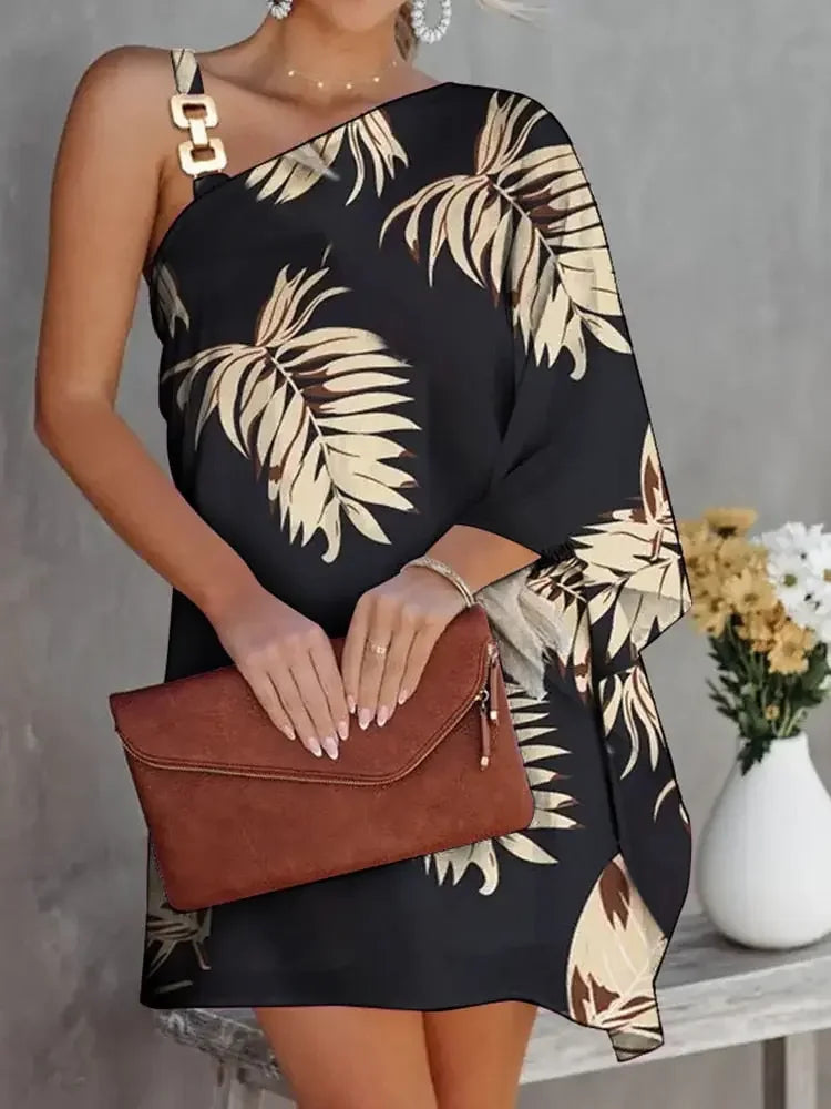 Fashion Design One Shoulder Sleeve Loose Mini Dress Women Office Casual A-Line Dress Sexy Diagonal Neck Cutout Solid Party Dress