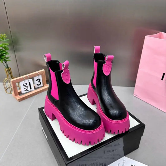 Winter Luxury Design Punk Gothic Street Women's Shoes Green Pink Thick Sole Chunky Heel Slim Chelsea Ankle Boots Fashion Boots