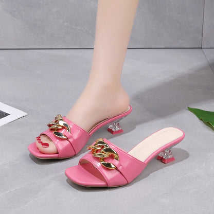 Women Slippers Women&#39;s Mules Slides Shoes Female Clear Heels Sandals with Chain Thin Heels Open Toe Outdoor Party Footwear