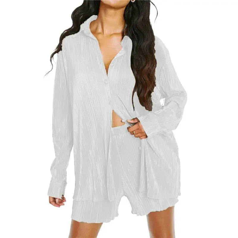 Pleated Shorts Set 2 Piece Outfits for Women 2000s Aesthetic Ruched Long Sleeve Button Down Shirt Tops and Shorts y2k Clothing