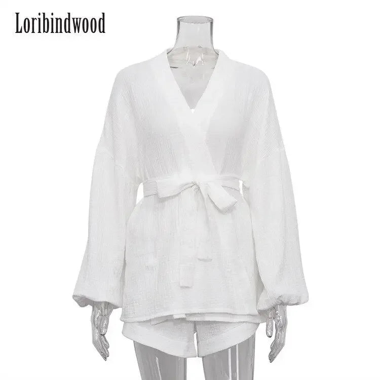 European and American Ins Style 2022 Summer White Lace-up Fashionable Top Casual Loose High Waist Shorts Two-Piece Set