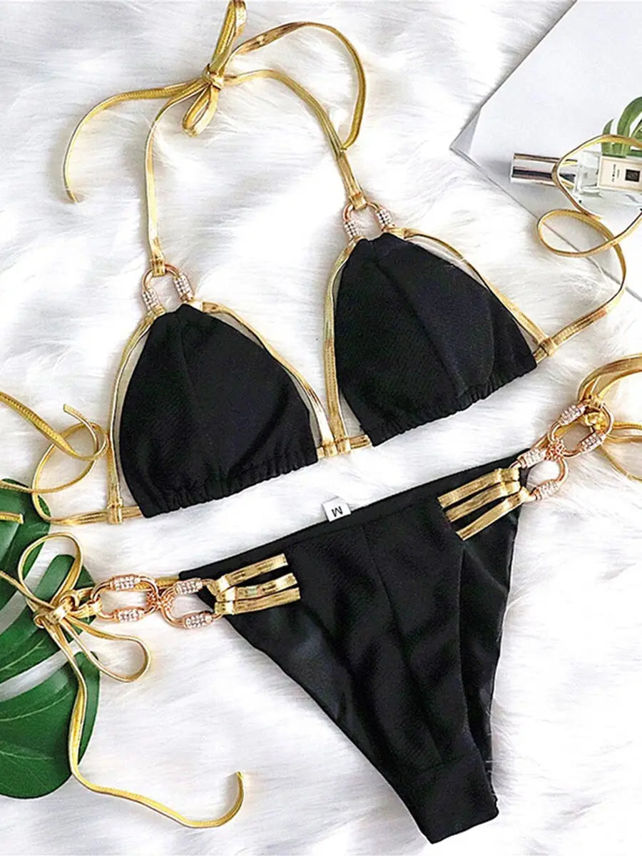 Gold Trim & Crystal Tie Up Bikini
