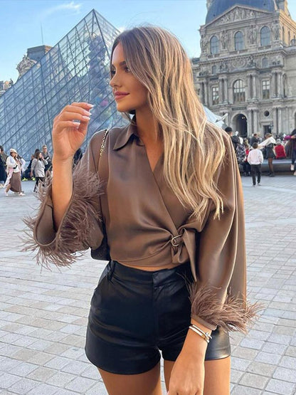 Fashion Lace Up Feather Chiffon Blouse Women Causal Long Knotted Plush Sleeve Shirt 2023 Spring Design Female Satin Blouse