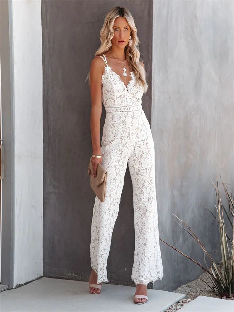 Women's Sexy Lace Floral Jumpsuit Summer V Neck Solid Color Sleeveless Backless Bodycon Long Romper Playsuit Party Clubwear