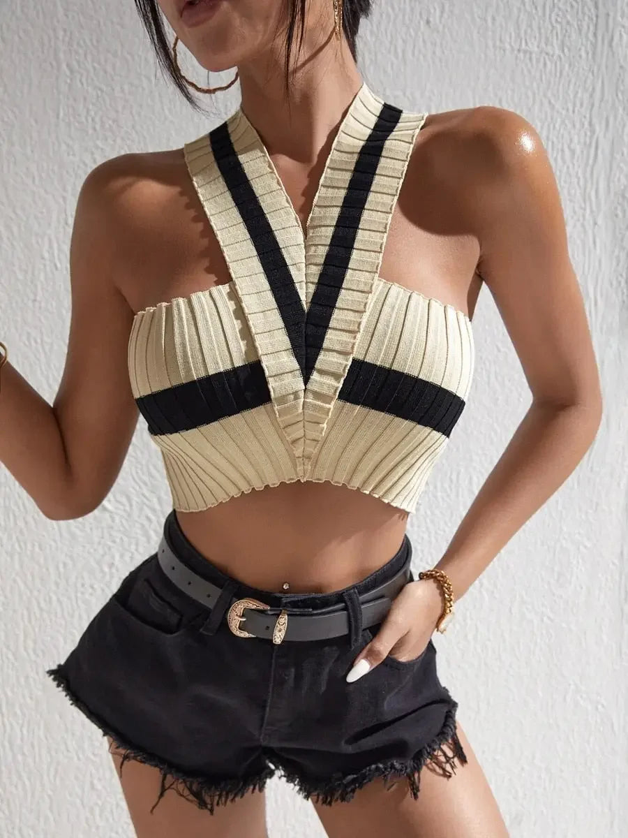 Summer New Women Sexy Casual Colorblock Crisscross Backless Halter Knit Crop Tops Femme Slim Stretch Sleeveless Y2k Tank Tee
