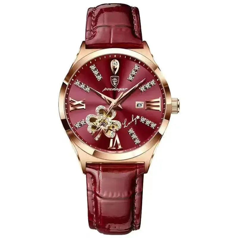 Luxury Wine Red Quartz Waterproof Stainless Watch