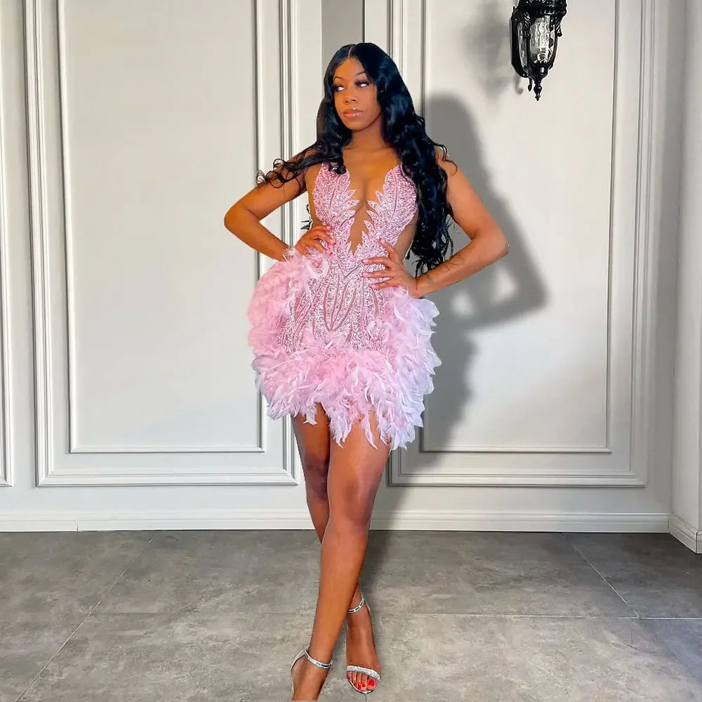 Luxury Sheer Pink Feather Birthday Dress