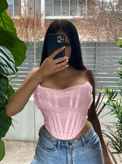 Cryptographic Sleeveless Fashion Strapless Bustier Corset Crop Tops Female Mesh Backless White Women Tops Zipper Summer 2022