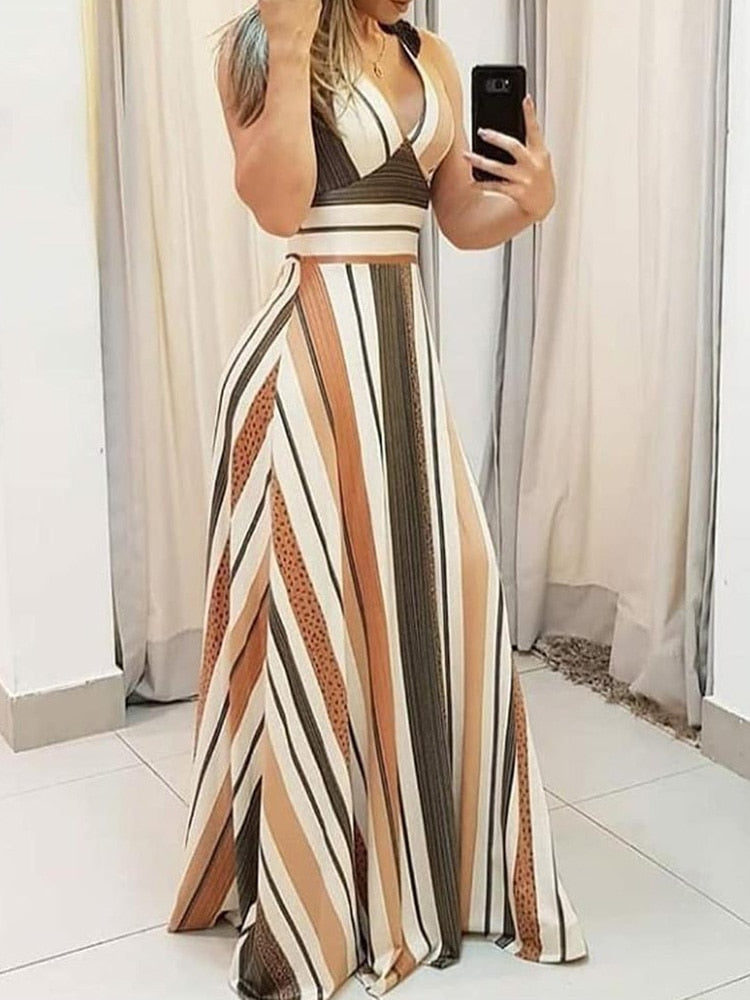 Striped Colorblock Plunge Maxi Dress