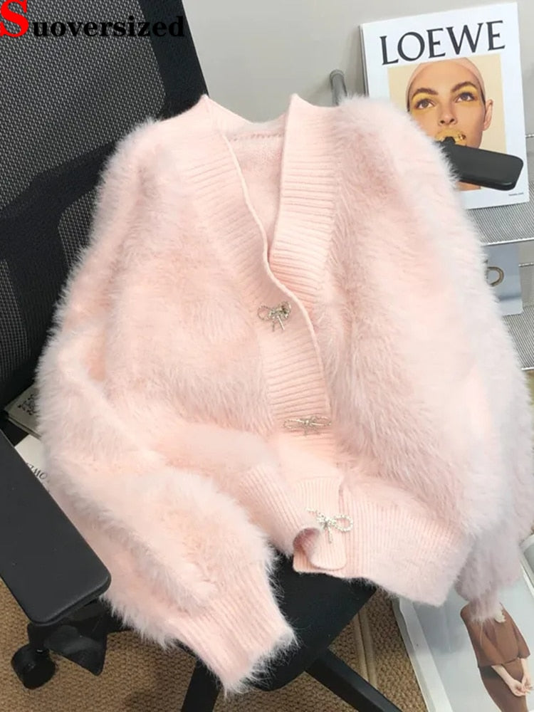 Elegant Imitation Mink Knitted Cropped Top Female Korean Spring Fall Chic Soft Cardigan Slim Casual Knitewear Bow Sweater Coat