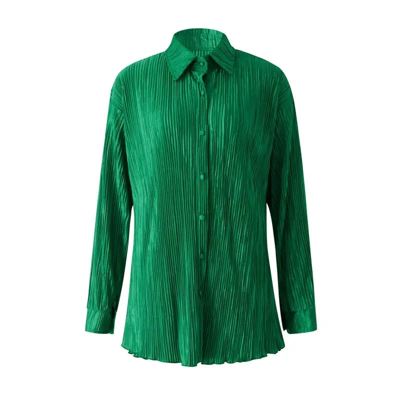 Pleated Shorts Set 2 Piece Outfits for Women 2000s Aesthetic Ruched Long Sleeve Button Down Shirt Tops and Shorts y2k Clothing