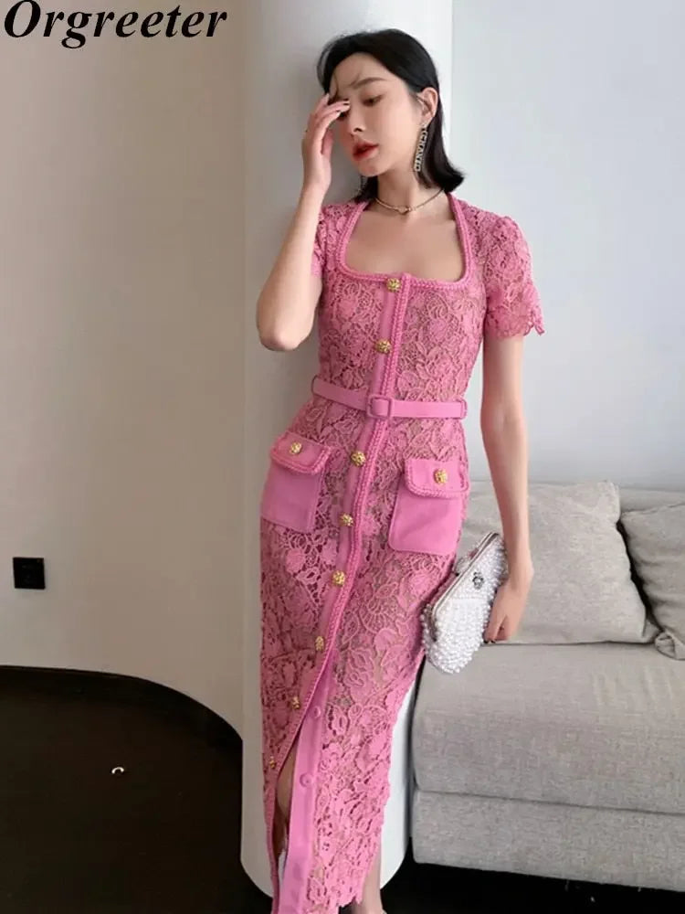 High Quality Pink Lace Dress For Women Summer Vintage Square collar Buckles Slim Mid Dress Hollow out Robes Female Party Vestido