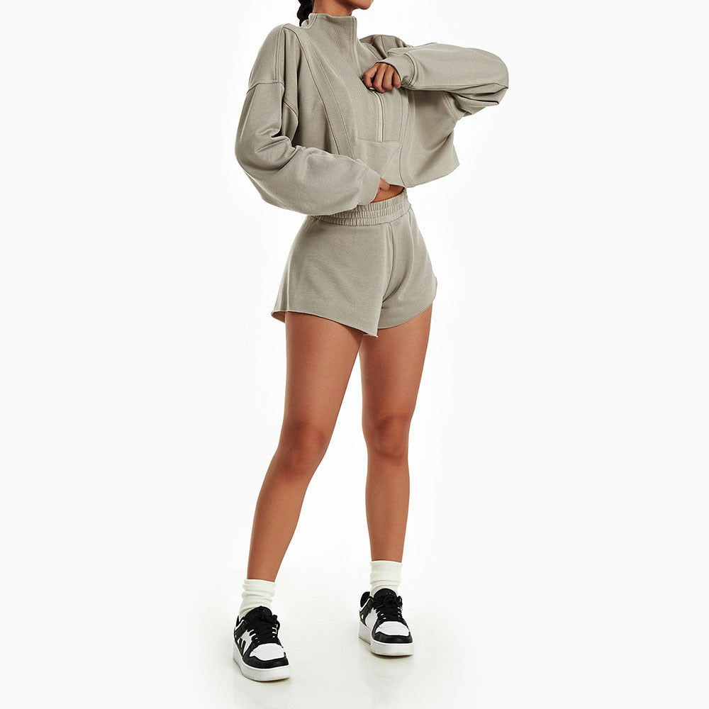 New Long Sleeve Sports Hoodie Loose Fashion Stand-up Collar Zipper Top Gym Training Casual Shorts Outdoor Yoga Female Sweatshirt