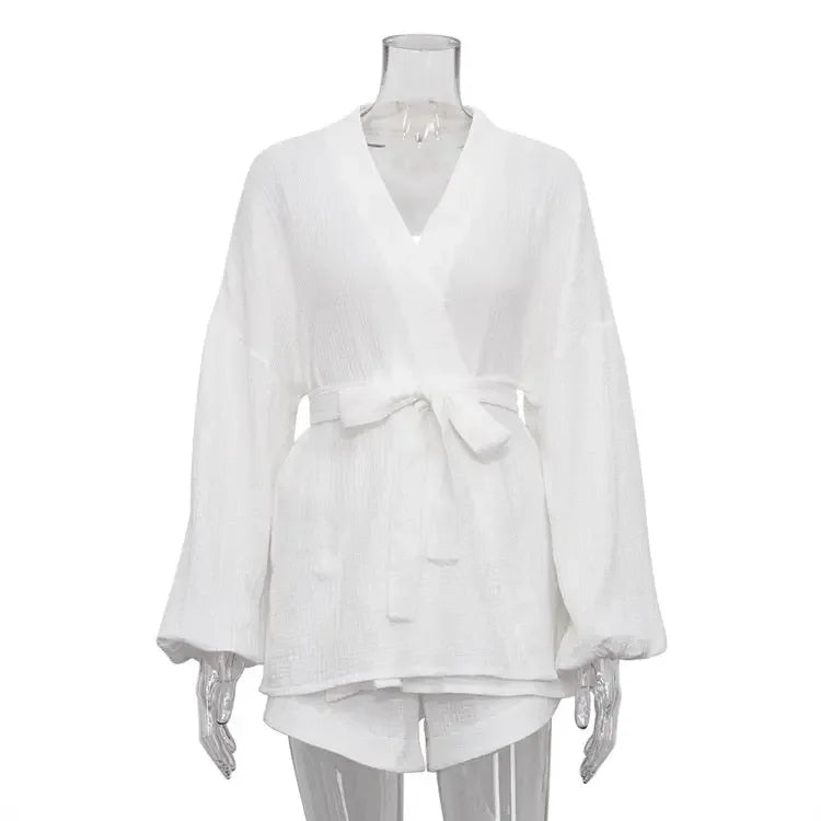 European and American Ins Style 2022 Summer White Lace-up Fashionable Top Casual Loose High Waist Shorts Two-Piece Set