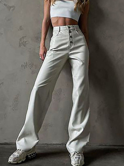 White Faux Leather High Waist Button Up Straight Leg Pants