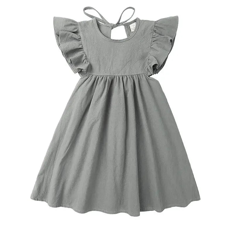 Kids Ruffle Sleeve Solid Linen Dress