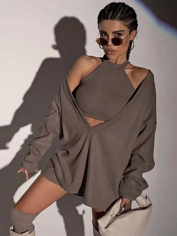 Tossy Casual Gray 3 Piece Set For Women Autumn Pullover Sweater Long-sleeved Shirt And Turtleneck Tank Top Shorts Set 2022 New