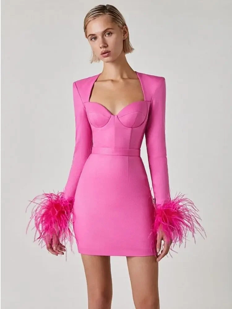 Women Winter Sexy Long Sleeve Feathers Hot Pink Black Mini Bodycon Bandage Dress 2022 Elegant Evening Party Dress
