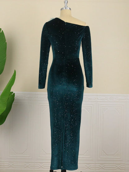 Empire Feather Sequin Evening Gown
