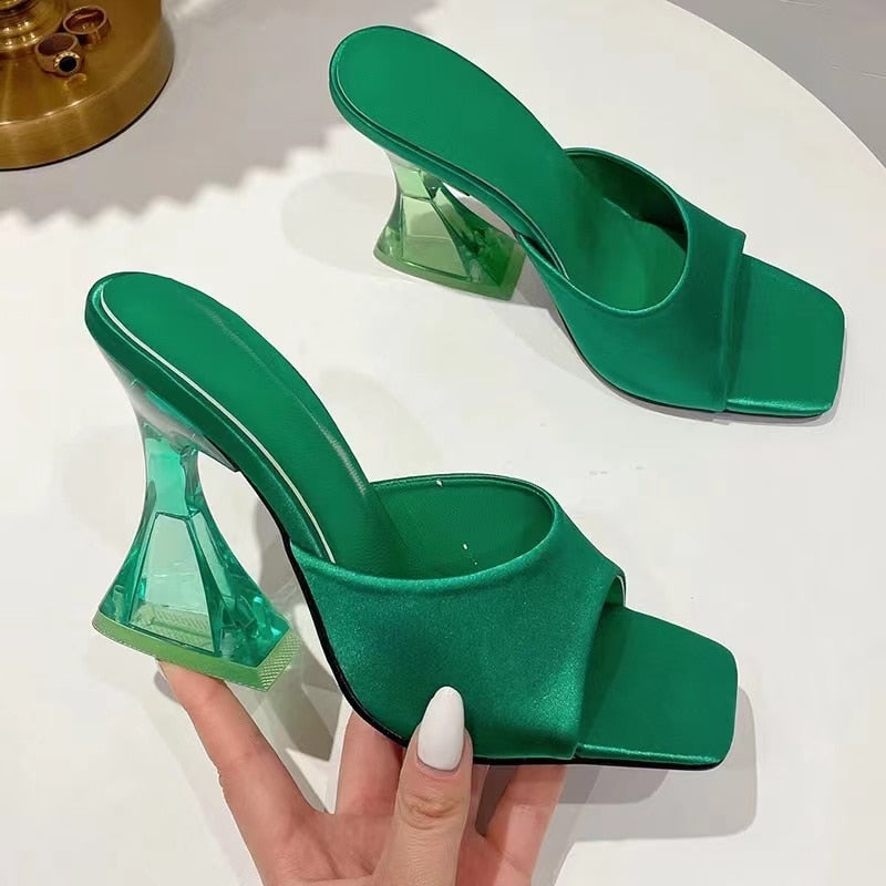 Summer Green Women&#39;s Shoes Slippers Silky Wide Band Transparent Strange High Heels Comfortable PU Leather Slides Sandals Pumps