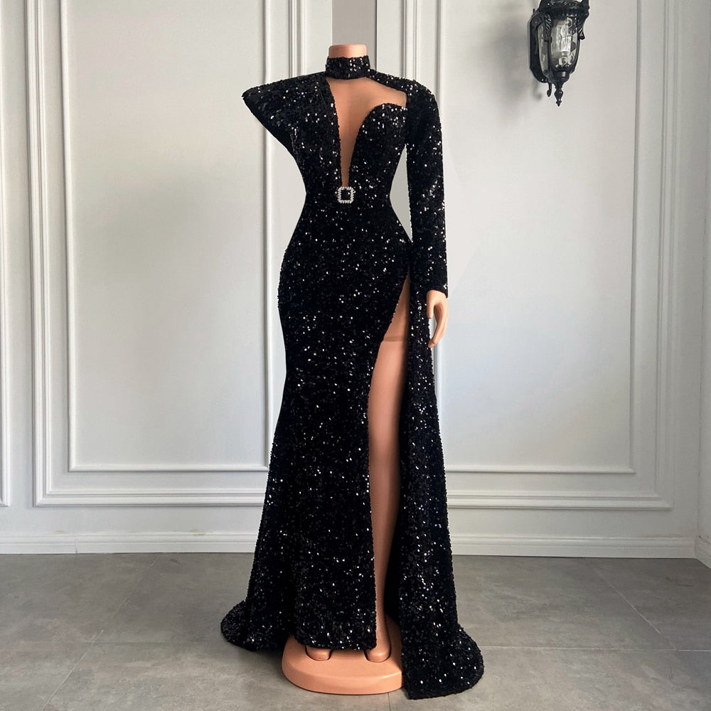 Long Sleeve Black Sequin Event Dress
