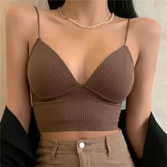 V-Neck Camisole Women Sexy Stretch Push Up Bra with Chest Pads Knitted Crop Top for Female Short Tube Top Tops Bralette Y2k