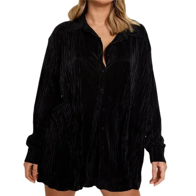 Pleated Shorts Set 2 Piece Outfits for Women 2000s Aesthetic Ruched Long Sleeve Button Down Shirt Tops and Shorts y2k Clothing