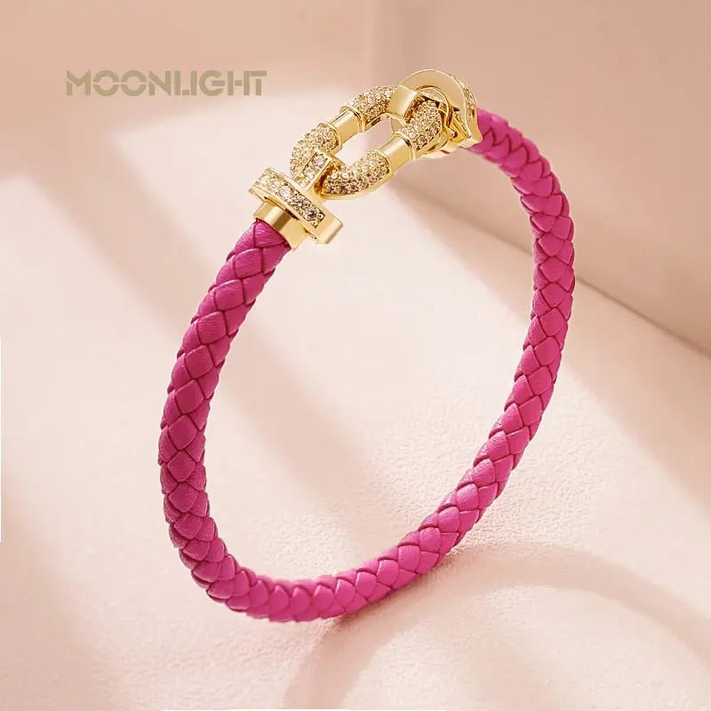 MOONLIGHT Women's Trendy Round Metal Brand Genuine Braided Leather Bracelet Cubic Zirconia Bracelet Female Jewelry Accessories