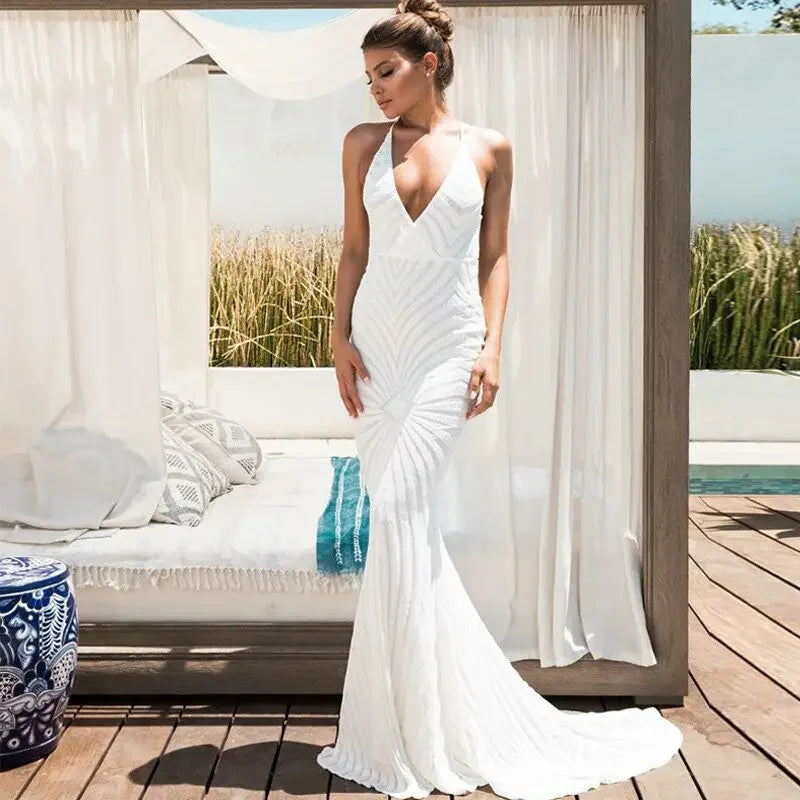 LUX Sequin Crystal Beaded Champagne Deep V Formal Gown