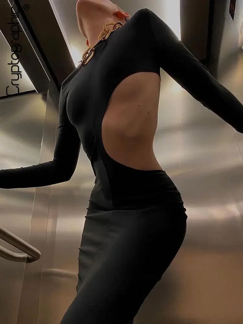 Black Cut Out Round Neck Long Sleeve Club Dress