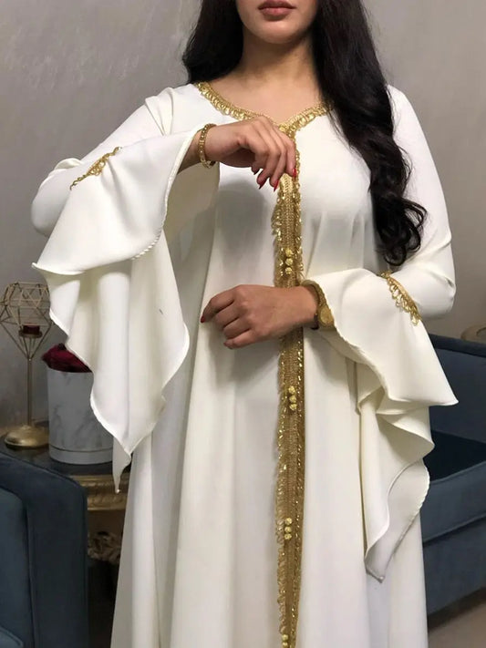 Siskakia Jalabiya Kaftan Dress For Women Dubai Turkey Golden Ribbon Embroidery Loose Muslim Arabic Islamic Clothing White 2020