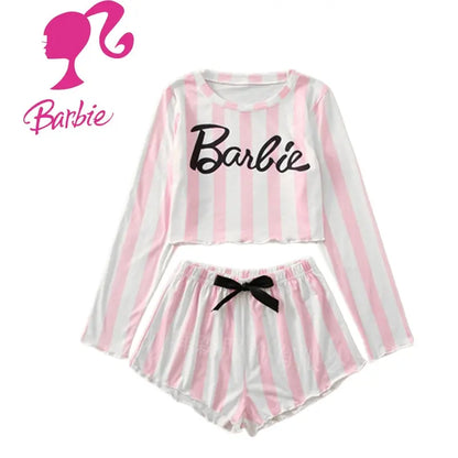 Barbie Letter Pink Home Service Kawaii Ice Silk Soft Ladies Pajamas Suit Long Sleeve Set Women Shorts Nightdress Clothes Gifts