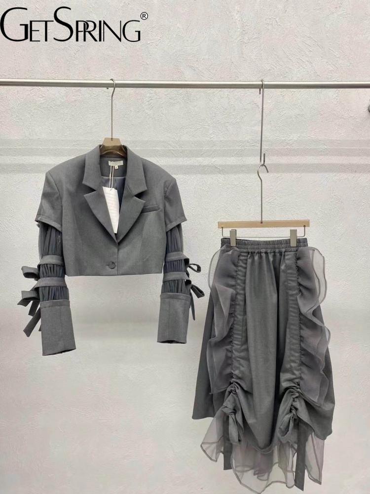 Trendy Short Blazer Coat & High Waist Loose Casual Skirts Set