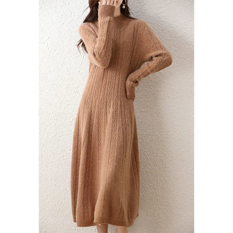 Elegant Fashion Dresses Cashmere Sweater Knitted Long Dress 100% Merino Wool Women Turtleneck Office Skirt Autumn Winter Clothes LUXLIFE BRANDS