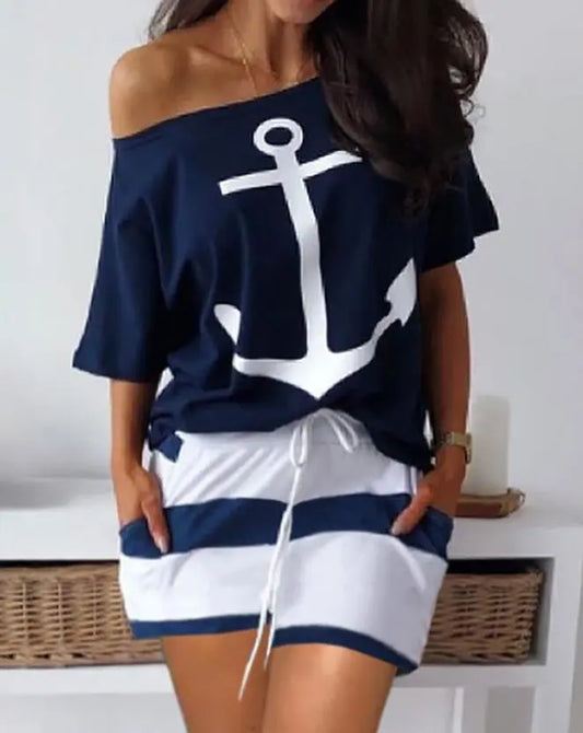 Boat Anchor Print Top & Striped Print Drawstring Casual Shorts Sets Summer European & American Women's Fashion Two Piece Set
