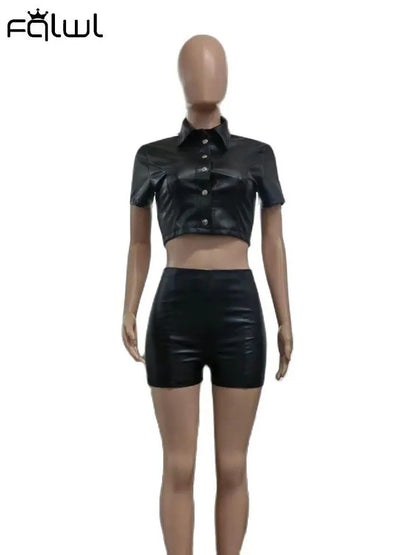 FQLWL Casual Faux Pu Leather Women 2 Two Piece Set Women Outfits Bandage Short Sleeve Crop Top Skinny Shorts Black Matching Sets