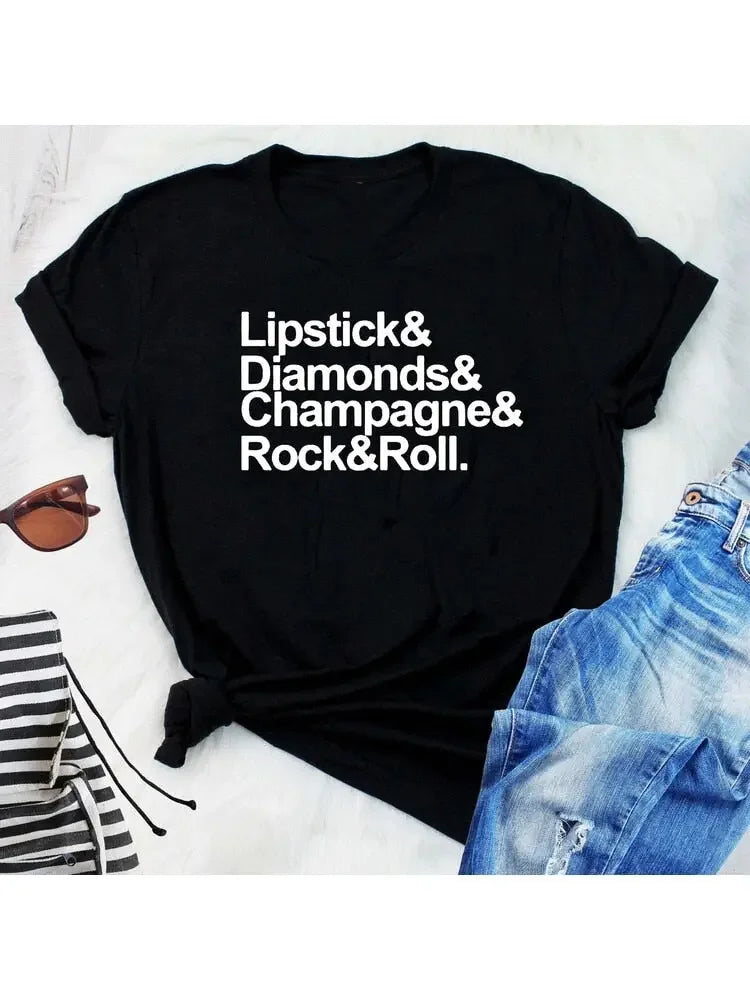 Lipstick Diamonds Champagne Rock and Roll Women Shirts Streetwear Short Sleeve Casual O-Neck T-shirt Tumblr Tops Tee tshirts
