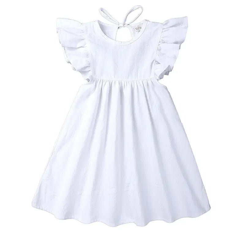 Kids Ruffle Sleeve Solid Linen Dress