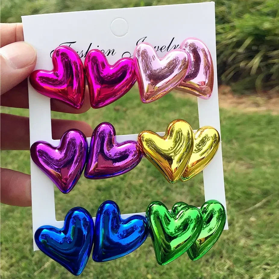New 6 pair/set Metallic Color Acrylic Y2K Stud Earrings for Women Rock Heart Moon Star Bowknot Square Earring Korea Jewelry Sets