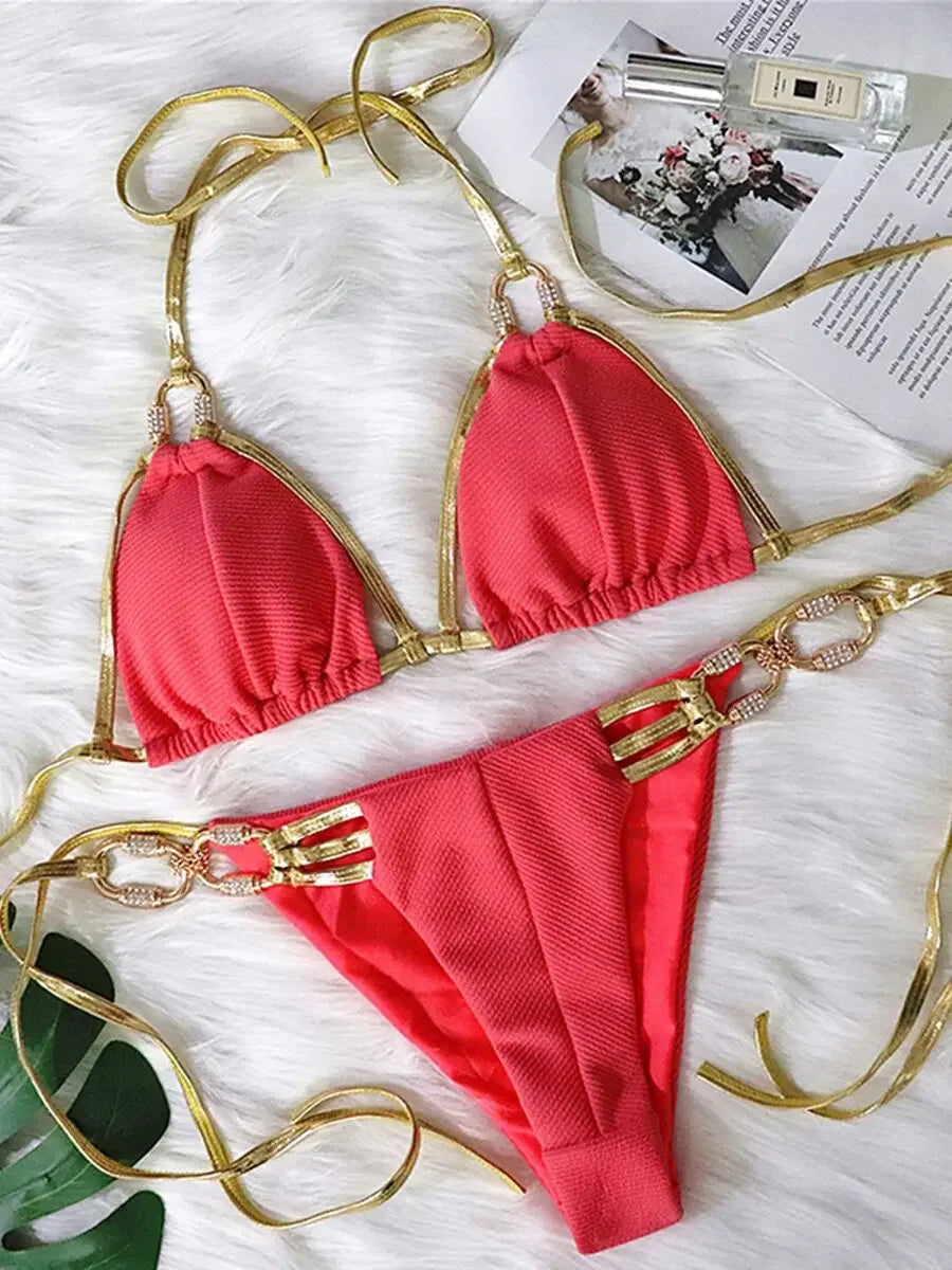 Gold Trim & Crystal Tie Up Bikini