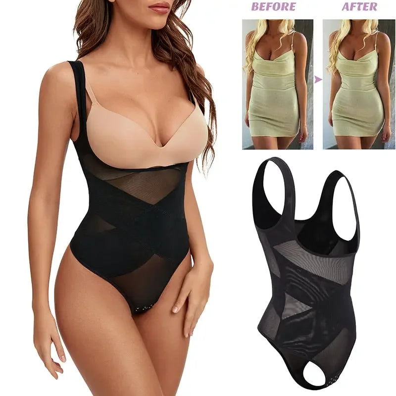 Mesh Thongs Bodysuit Shapewear Women Seamless Full Body Shaper Waist Slim Tummy Control Underwear Flat Belly Underbust Corset